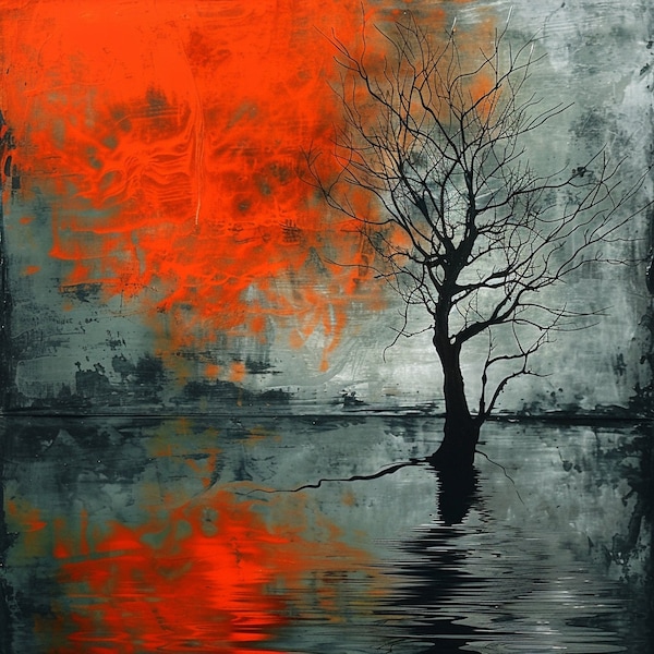 Stampa digitale di alta qualità (300dpi)  -Tramonto  rosso con albero riflesso- Arte astratta digitale - Download immediato - Digital Art