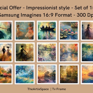 May include: A set of 15 digital paintings in an impressionist style. The paintings feature various subjects, including dancers, landscapes, and water scenes. The images are formatted for Samsung TV screens with a 16:9 aspect ratio and a resolution of 300 DPI.  Special Offer - Impressionist style - Set of 15 Tv Samsung Imagines 16:9 Format - 300 Dpi TheArtixSpace | Tv Frame