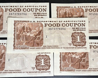 Vintage USDA Food Coupon 1 dollar, single paper food stamp 1976-1991 excellent/brilliant condition rare U.S currency collectible full note