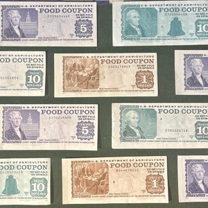 Vintage USDA Food Coupons zirkulierte Menge von 3, Serie 1976-1990 Food Stamps 1, 5, 10