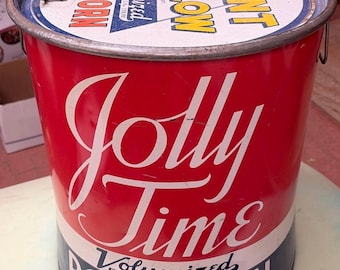 Barril de acero para exhibición de palomitas de maíz Jolly Time, estilo vintage, de los años 30-40, tamaño muy raro, estilo americano.