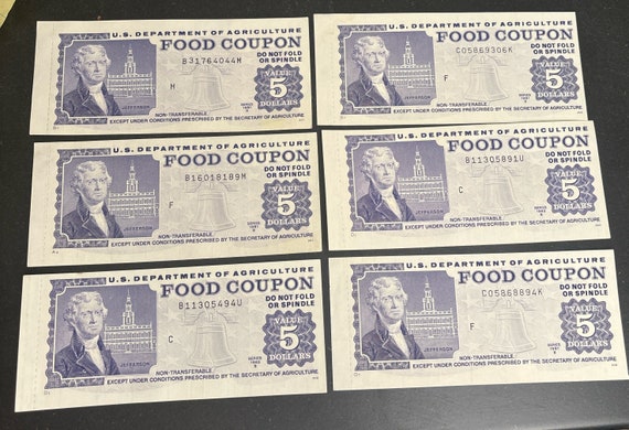 Vintage USDA Food Coupon 5 dollar, single paper food stamp 1976-1991 excellent/brilliant condition rare U.S currency collectible full note