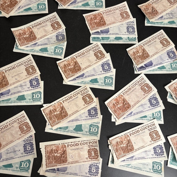Vintage USDA Food Coupon/Stamps 3 per order, 1 of each denomination. 1, 5, 10. 1978-1990 series excellent condition paper stamps rare find