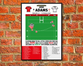 Wales Josh Adams 2nd try vs England 6 Nations Feb 2019 poster, wall art, A4 Framed