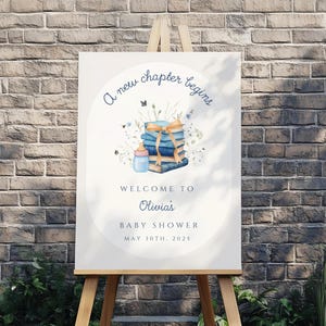 A New Chapter Begins Baby Shower Welcome Sign, Editable Storybook Decor, Blue Welcome Banner For Baby Shower, A New Chapter Welcome Banner