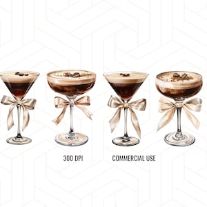 Puede incluir: Cuatro ilustraciones de cócteles de café en copas de martini con una cinta marrón atada alrededor del tallo de cada copa. El texto "300 DPI" y "USO COMERCIAL" está impreso debajo de las copas.