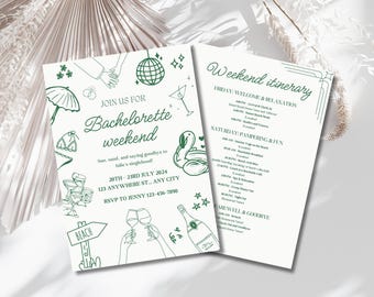 Itinerario per un weekend di addio al nubilato sulla costa: invito disegnato a mano per una festa in spiaggia (PDF e PNG)