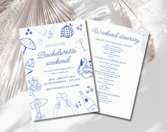 Itinerario per un weekend di addio al nubilato sulla costa: invito disegnato a mano per una festa in spiaggia (PDF e PNG)