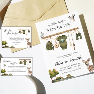 Invitation baby shower Un petit chasseur est sur le chemin, lot de baby shower animaux de la forêt, invitation de baby shower de chasse pour les garçons