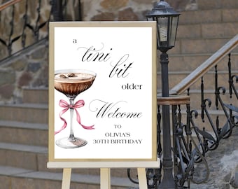 Uma placa um pouco mais antiga, placa de boas-vindas editável com tema de Martini para aniversário, decoração personalizada para festa, modelo para 30º aniversário