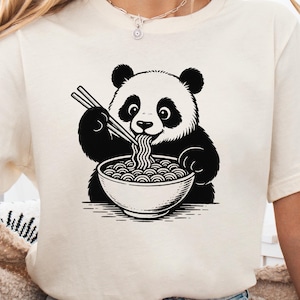 Cute Japanese Style Panda Eating Ramen T-Shirt, Kawaii Foodie Graphic Tee, Funny Ramen Noodle Shirt, Aesthetic Animal Apparel for Food Lover
