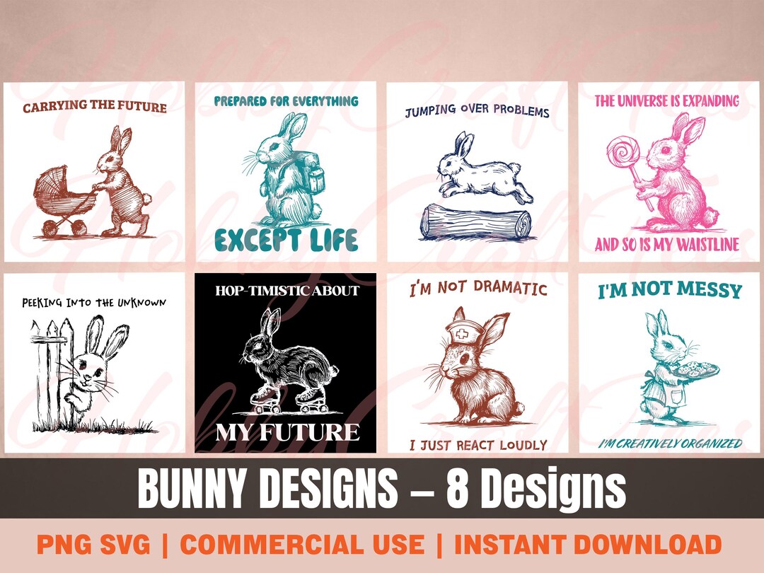 Fun Rabbit Designs Bunny Design Bundle PNG SVG, Funny Rabbit Clipart Set Digital Download ...