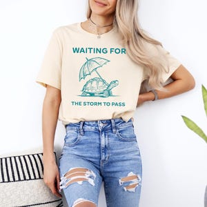 May include: A beige t-shirt with a teal graphic of a turtle carrying an umbrella. The text "Waiting for the storm to pass" is printed on the shirt.