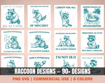Raccoon PNG SVG Digital Download Bundle, 90+ Raccoon Designs, Meme Sublimation PNG for Printing and Cutting, T-Shirt/Mug/Poster Designs