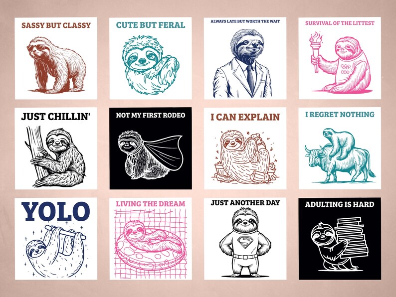 6-color Sloth PNG SVG Digital Download Bundle, 40 Sloth Designs, Meme ...