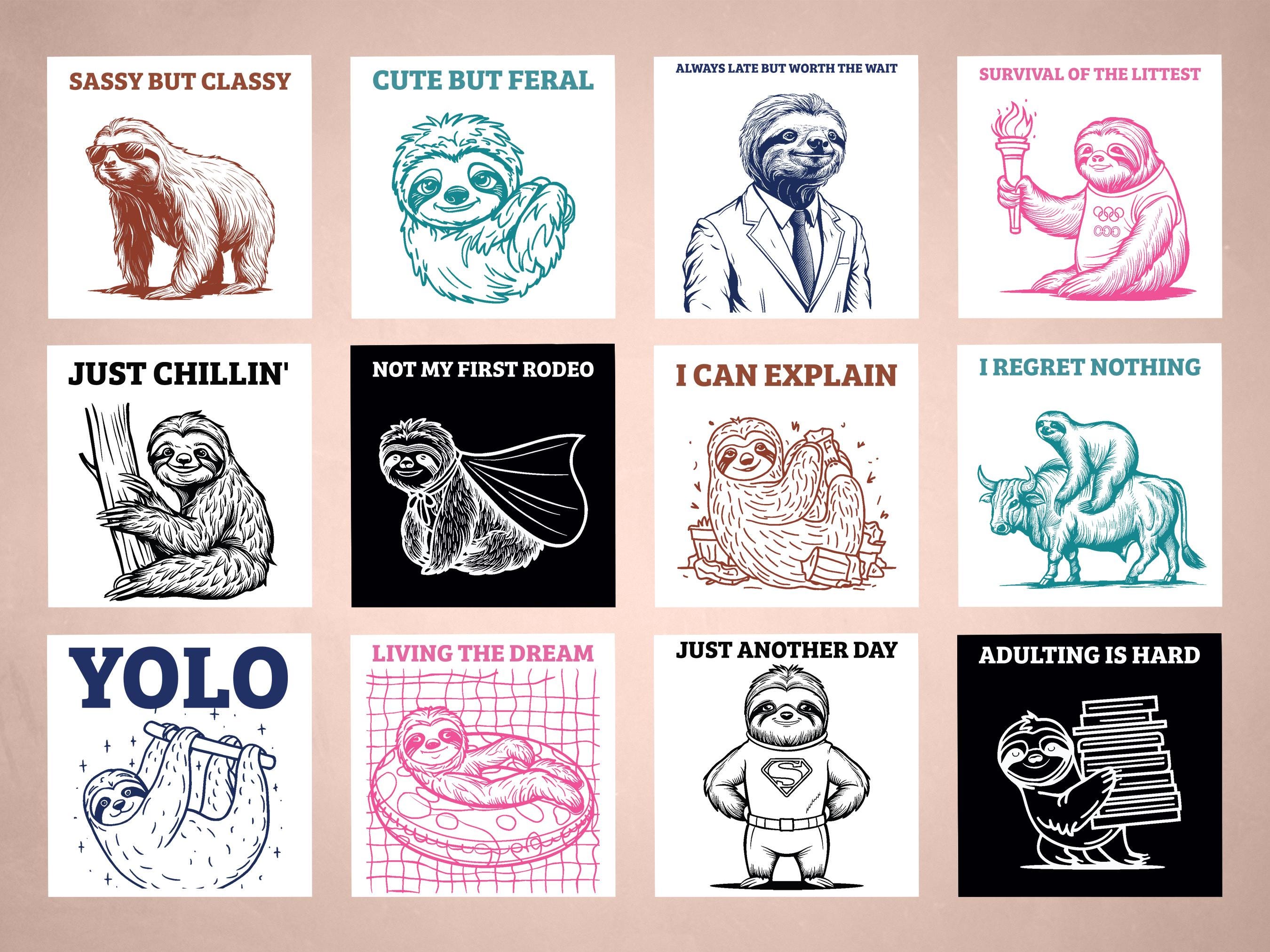 6-color Sloth PNG SVG Digital Download Bundle, 40 Sloth Designs, Meme ...