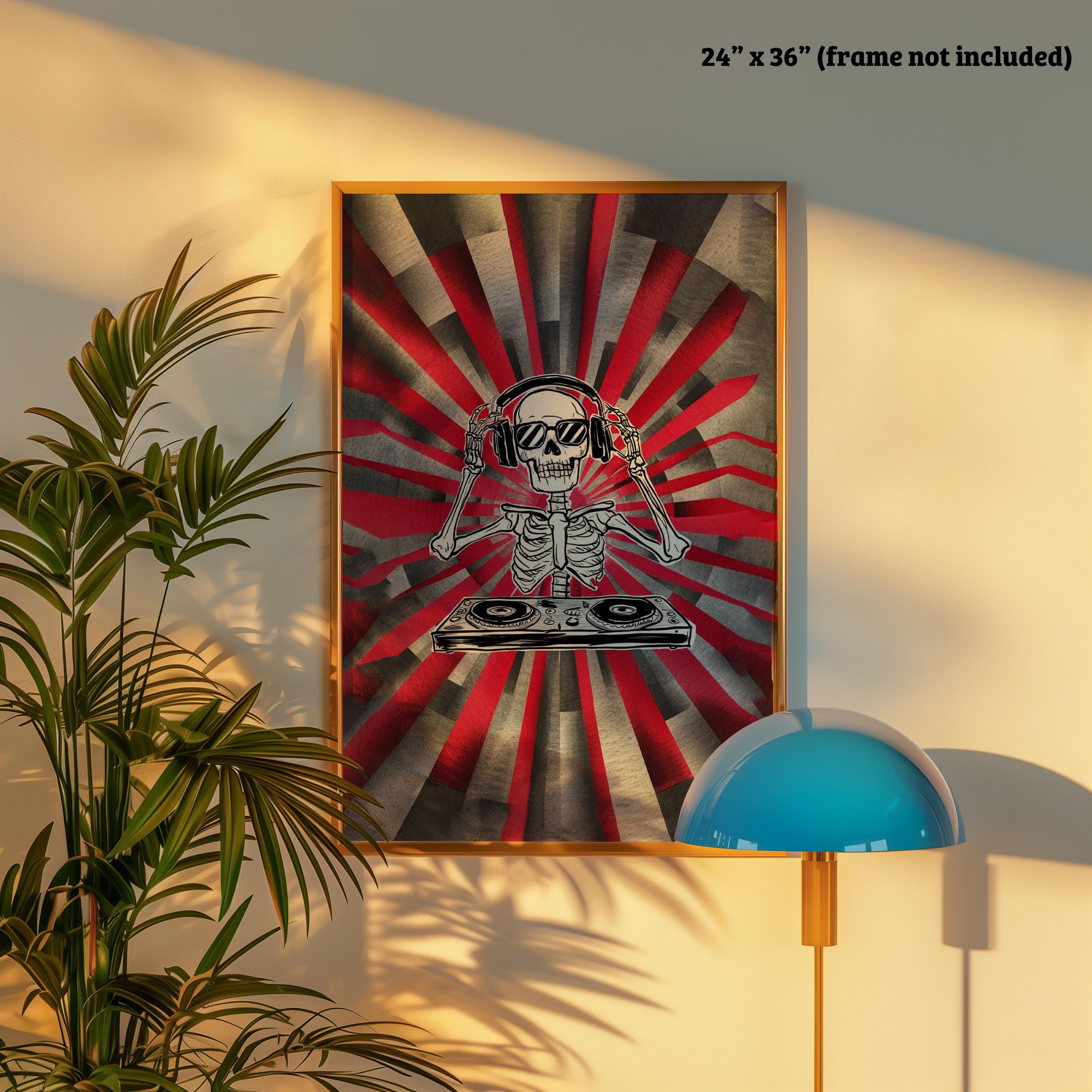 Skeleton DJ Watercolor Art Print, Spooky Music Lover Wall Decor