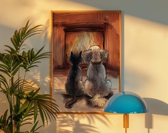 暖炉のそばの居心地の良い猫と犬、温かみのある水彩画の動物アート、気まぐれな友情の壁プリント、猫と犬の壁アート、かわいい新築祝いのギフト