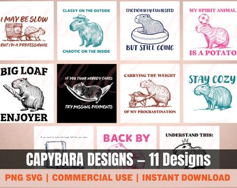 Capybara Design Bundle PNG SVG, Funny Capybara Clipart Set Digital Download, Relaxed Animal Art for Print/Cut, Sublimation, Commercial Use