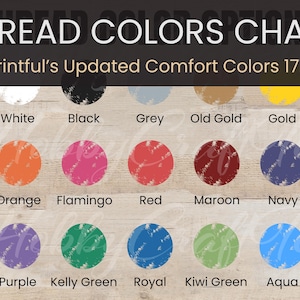 Puede incluir: Un gráfico que muestra 14 colores de hilo diferentes con sus nombres. Los colores son: Blanco, Negro, Gris, Oro Viejo, Oro, Naranja, Flamenco, Rojo, Marrón, Azul Marino, Morado, Verde Kelly, Real, Verde Kiwi y Aqua.