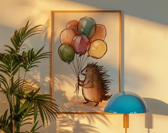Stachelschwein Ballon Aquarell Art Print, süßes Aquarell Tier Wanddekoration, Wald Kinderzimmer Poster, Housewarming Geschenk, bunte Wandkunst