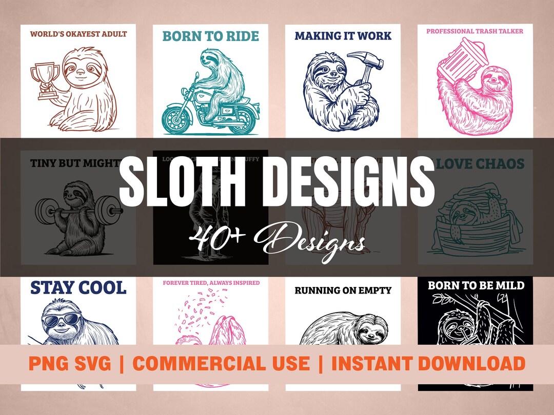 6-color Sloth PNG SVG Digital Download Bundle, 40 Sloth Designs, Meme ...