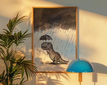 Dinosaur with Umbrella Watercolor Art Print, Watercolor Dino Wall Decor, Funny Prehistoric Poster, Housewarming Gift, Funny Dinosaur Poster