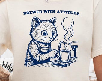 Funny Barista Cat T-Shirt, Brewed with Attitude Coffee Graphic Tee, Sassy Café Cat Making Espresso Design, Caffeine Lover Humor Shirt