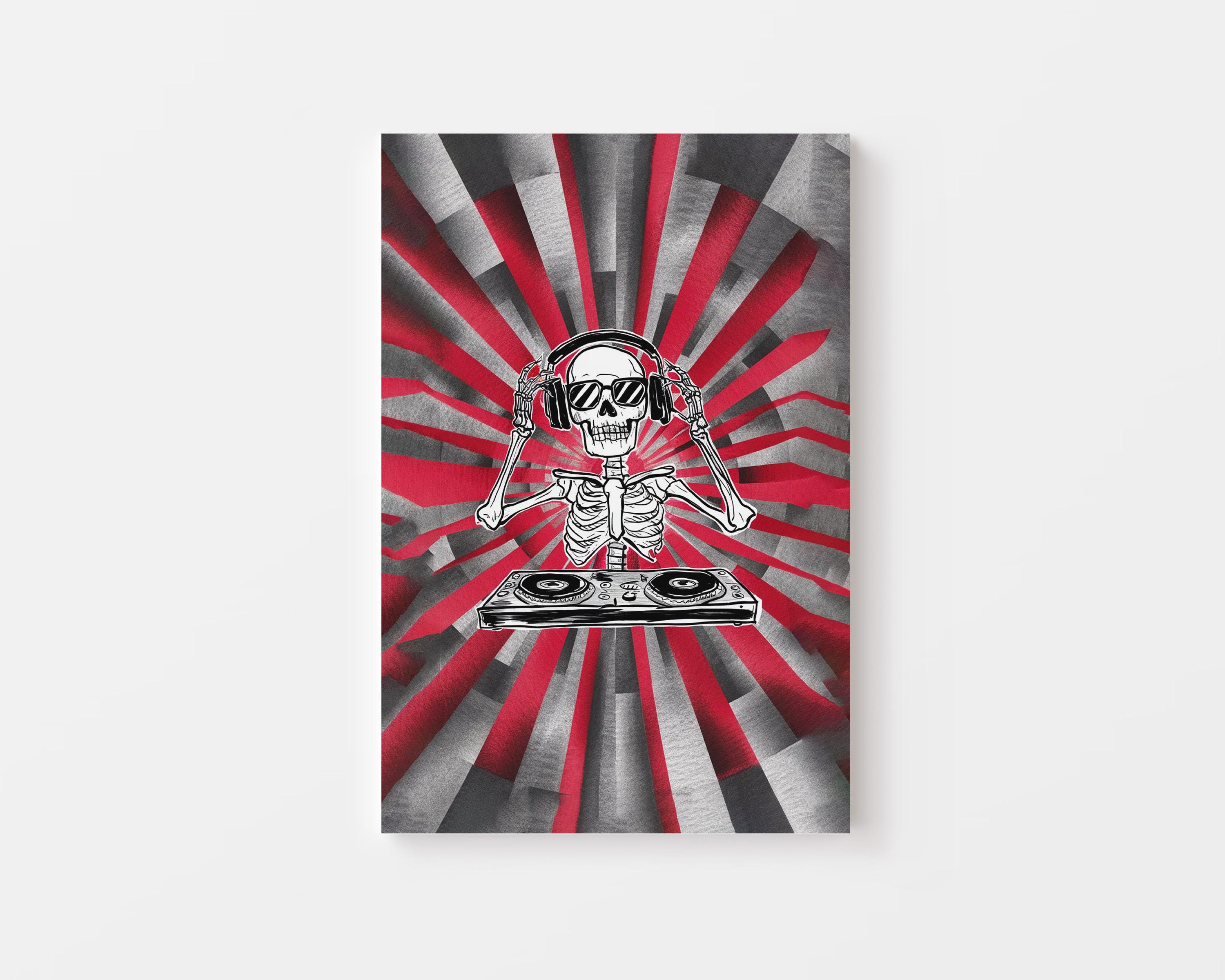 Skeleton DJ Watercolor Art Print, Spooky Music Lover Wall Decor