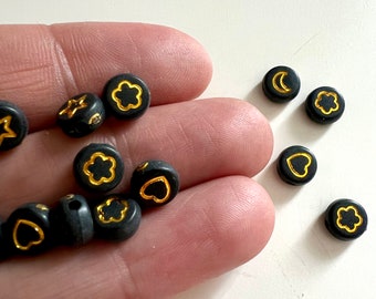 Black Beads with Gold Moon, Stars, Flowers & Hearts, Plastic Bead Supply, UK Jewellery Making Supplies, Small Round 7mm, 50 Bulk Wholesale