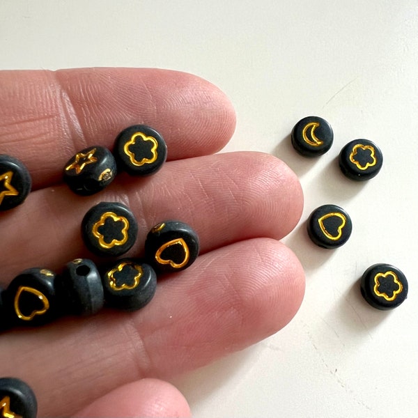 Black Beads with Gold Moon, Stars, Flowers & Hearts, Plastic Bead Supply, UK Jewellery Making Supplies, Small Round 7mm, 50 Bulk Wholesale