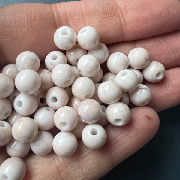50 Marble Beads 8mm - Marble Effect Beads, Beige Marble Beads - Marble 8mm Beads - UK Beads