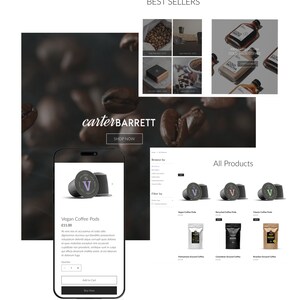 Puede incluir: Una captura de pantalla de un sitio web que muestra una variedad de productos de café, incluyendo cápsulas de café, café molido y café frío de elaboración en frío. El sitio web es para una empresa llamada carterBARRETT. El sitio web presenta un esquema de color blanco y negro con un diseño moderno.