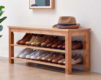 Banc de rangement pour chaussures en bambou , Banc d'entrée , Banc d'entrée , Banc de rangement pour chaussures en bois , Rangement pour chaussures , Cadeau de pendaison de crémaillère , Rangement à chaussures pour entrée