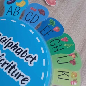 May include: A colorful alphabet learning toy with a blue base and colorful segments featuring letters and pictures of fruits and vegetables. The text on the base reads "alphabet scripture".