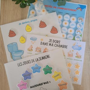 Peut inclure: Ensemble de tableaux éducatifs et d'autocollants. Les tableaux présentent du texte français et des illustrations de toilettes, d'émojis de caca et de symboles météorologiques. Les autocollants sont en forme d'étoile et circulaires avec des soleils et des nuages.