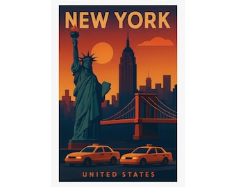 Reisposter New York City | Vintage NYC kunst aan de muur | Vrijheidsbeeld skyline | Cadeau retro woondecoratie