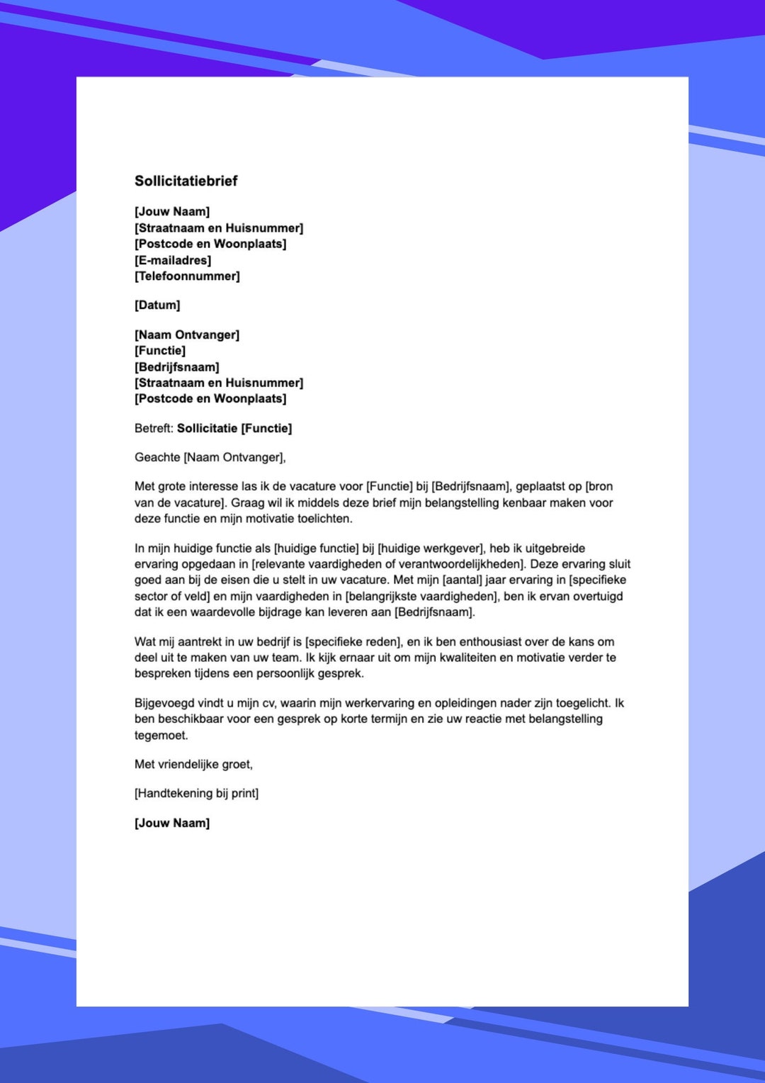 Editable Dutch Cover Letter, Word Template, Dutch Cover Letter Template