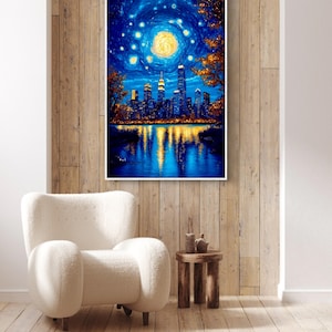 Starry Night Skyline Painting: Van Gogh Style Cityscape Art Painting