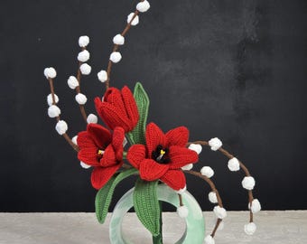 Buquê de tulipas de crochê feito à mão - Centro de mesa artificial de ikebana - Arranjo floral de primavera em vaso