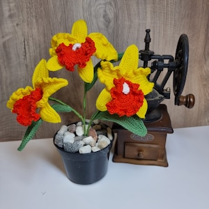 Crochet orchid in pot, Home Decoration, Home Desk Decor, Yellow orchid Crocheted Flower, Gift fot mom
