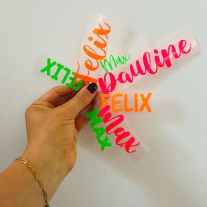 Könnte beinhalten: Eine Hand hält mehrere transparente Vinylaufkleber mit Namen in leuchtenden Farben. Die Namen "Felix", "Max" und "Pauline" sind in Neonorange, Grün und Pink dargestellt. Die Aufkleber befinden sich vor einem weißen Hintergrund.