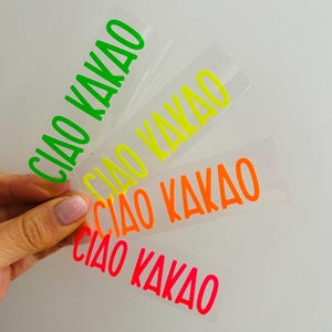 Könnte beinhalten: Vier transparente Aufkleber mit dem Text "CIAO KAKAO" in Neongrün, Gelb, Orange und Rot. Die Aufkleber werden in einer Hand vor einem weißen Hintergrund gehalten. Die Aufkleber sind rechteckig.