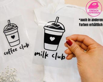 Iron-on transfer set Coffee Club Milk Club | Matching family outfits for mom, dad, and child | Neon-colored iron-on patch for DIY shirts