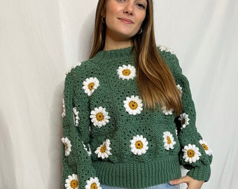 Maglione margherite realizzato a mano all'uncinetto in lana