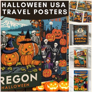 May include: A set of Halloween travel posters featuring various US states with spooky pumpkin and skeleton illustrations. The posters have a vintage travel poster style with a dark background and bright colors. The text on the posters includes the state name and "Halloween".