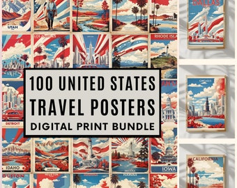 May include: A collage of 100 vintage-style travel posters featuring iconic landmarks and scenes from across the United States. Each poster is designed with a red, white, and blue color scheme and features a retro font style. The posters are arranged in a grid pattern and include text such as "100 United States Travel Posters" and "Digital Print Bundle".