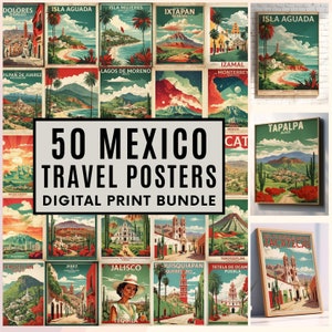 50 carteles de viajes vintage de México, arte mural de México, póster vintage, souvenir de México, impresiones de México, póster de México, impresiones digitales, 300 dpi