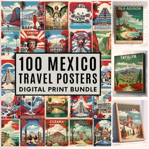 100 carteles de viajes vintage de México, arte mural de México, póster vintage, souvenir de México, impresiones de México, póster de México, impresiones digitales, 300 dpi