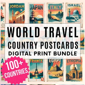 Könnte beinhalten: Eine Sammlung von Reise-Postkarten im Vintage-Stil mit Sehenswürdigkeiten aus verschiedenen Ländern. Das Bild zeigt Postkarten für Jordanien, Japan, Italien, Frankreich, Ägypten und mehr. Der Text auf dem Bild lautet "World Travel Country Postcards Digital Print Bundle" und "100+ Countries."